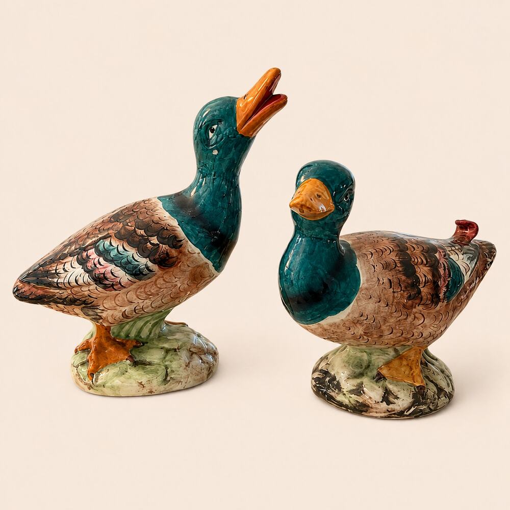 Hand Painted Italian Ceramic Mallard Duck Vintage Figurines – Set of 2